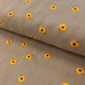 Dvojitá gázovina/mušelín EMBROIDERY Sunflowers beige